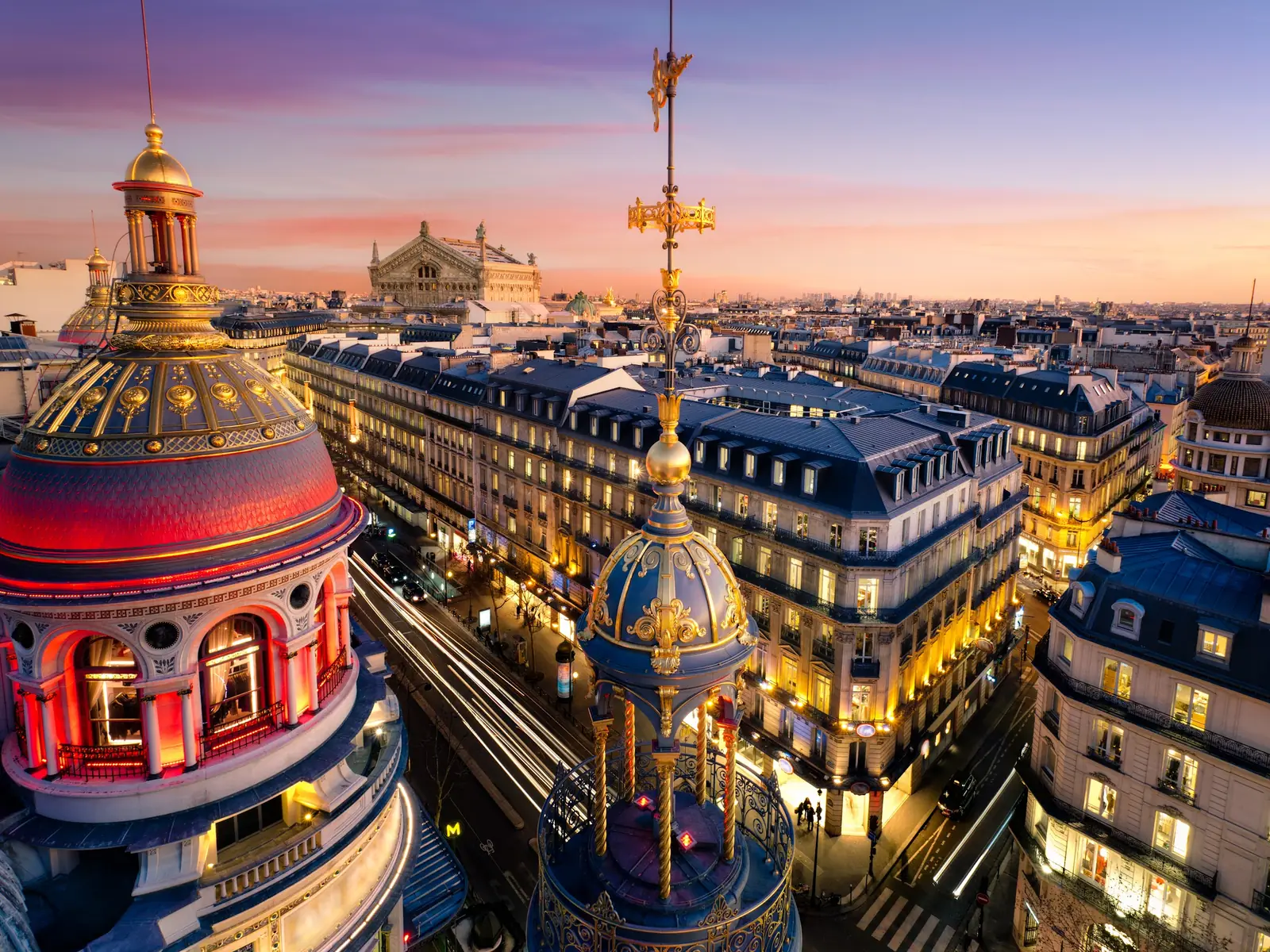 Dome of the Opéra Garnier and the Paris rooftops at dusk