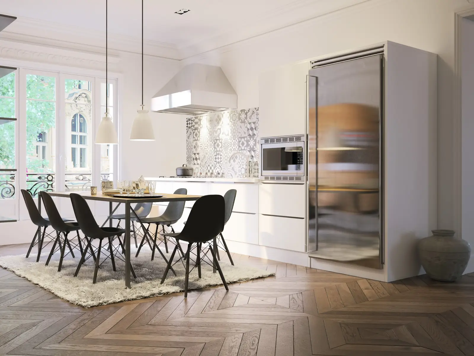 Salle à manger parisienne au parquet en chevrons