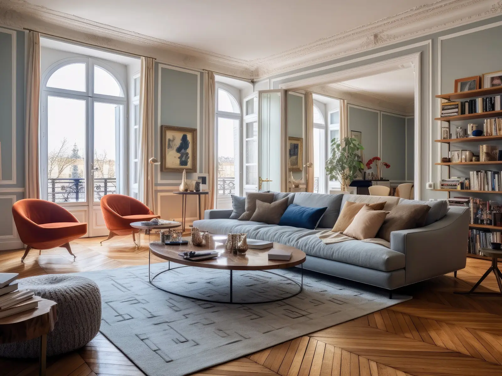 Salon parisien, bibliothèque et parquet ancien