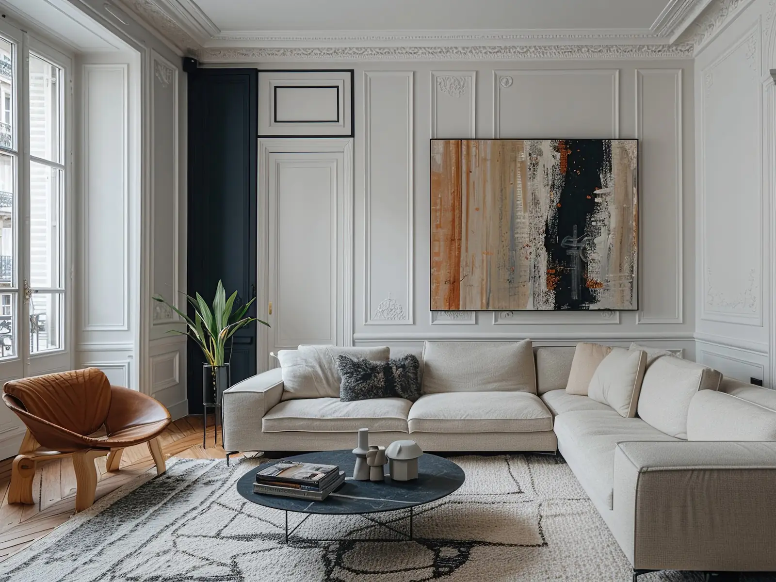 Contemporary living room under period mouldings