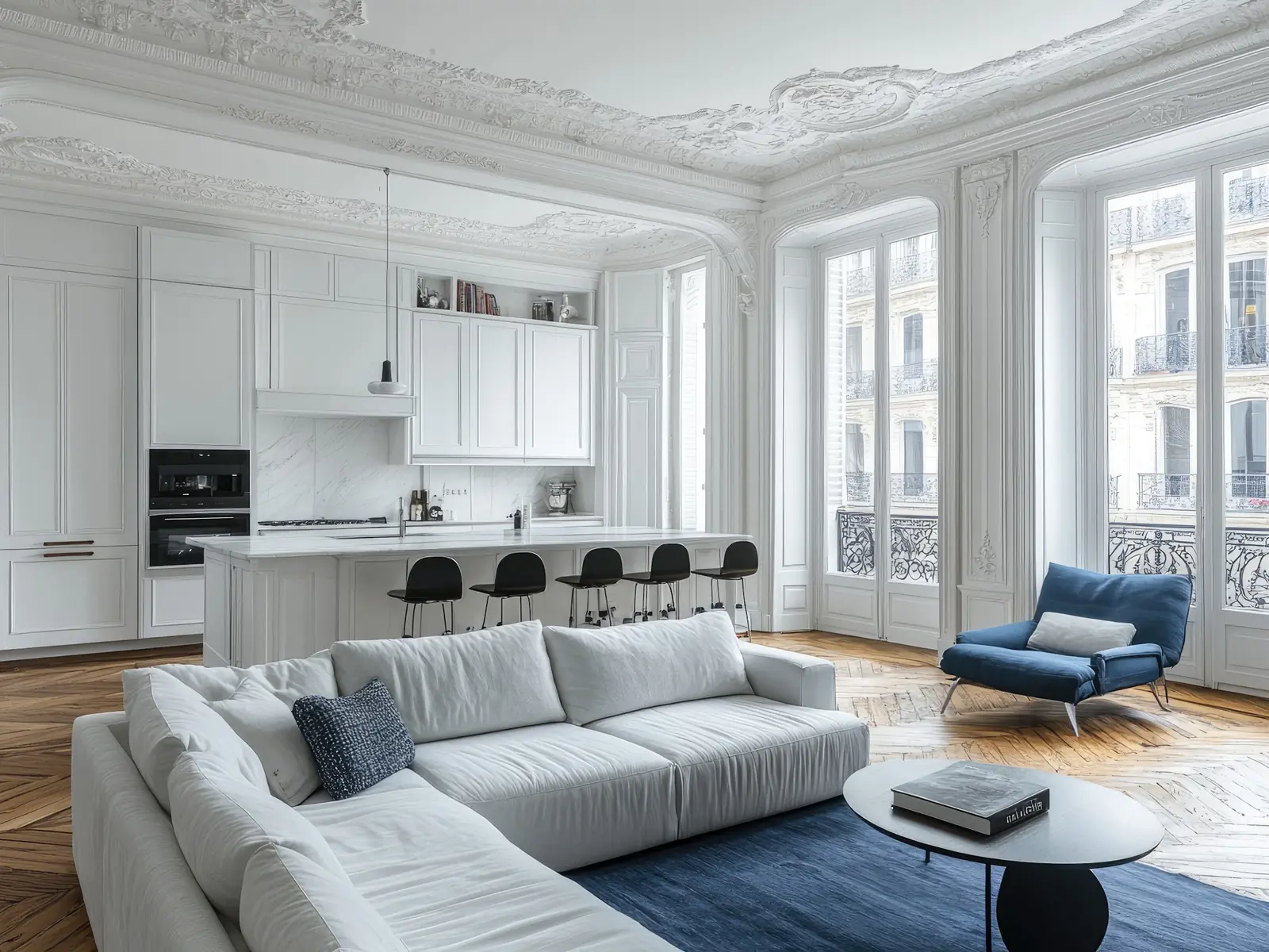 Haussmann living room with a white sofa