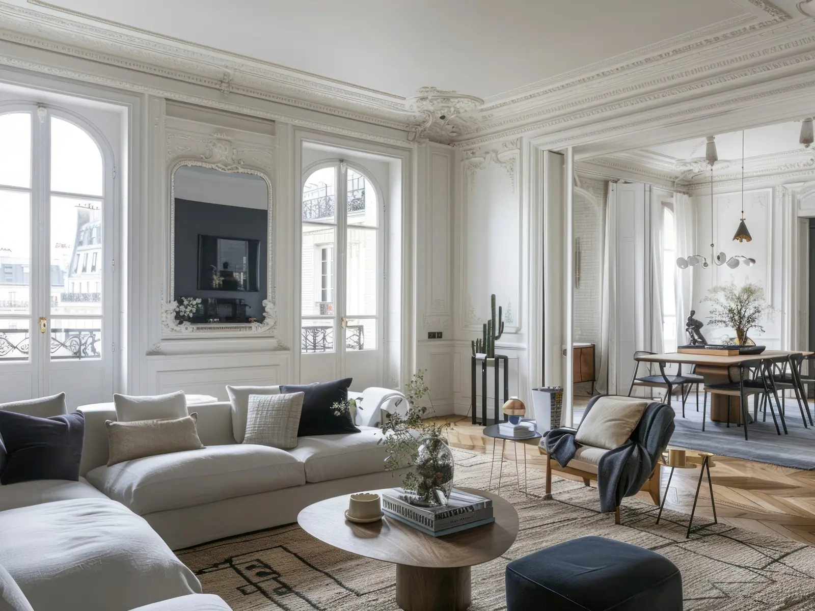 Salon parisien lumineux et ses moulures